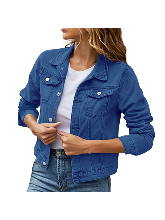Clearance! Women's Denim Jackets Solid Color Long Sleeve Lapel Collar Button Cropped Denim Jacket Casual Classic Vintage Wash Denim Top with Pocket Jean Blouson Coat
