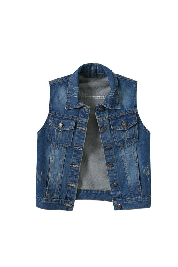 2025 Women's Denim Jackets Women's Buttoned Washed Denim Vest Jacket W Chest Flap Pockets Women's Casual Denim Waistcoat Frayed Sleeveless Ripped Jacket Vest