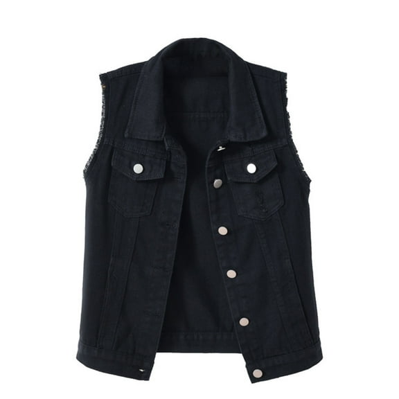 2025 Women's Denim Jackets Women's Buttoned Washed Denim Vest Jacket W Chest Flap Pockets Women's Casual Denim Waistcoat Frayed Sleeveless Ripped Jacket Vest