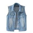 thumbnail image 1 of Clearance Women's Denim Jackets Women's Buttoned Washed Denim Vest Jacket W Chest Flap Pockets Women's Casual Denim Waistcoat Frayed Sleeveless Ripped Jacket Vest, 1 of 4