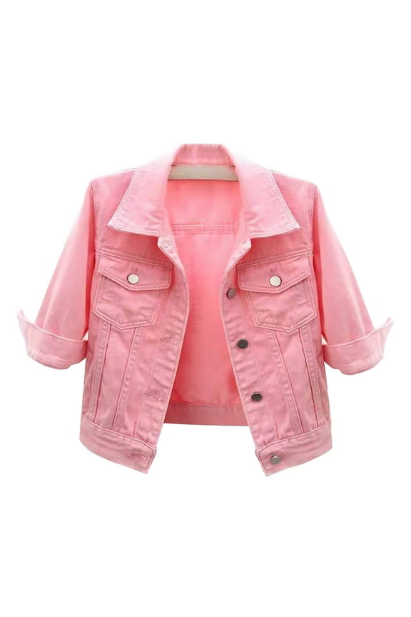 2025 Women's Denim Jackets Womens 3/4 Sleeve Short Denim Jacket Lapel Button Down Cropped Trucker Jean Jackets Coats