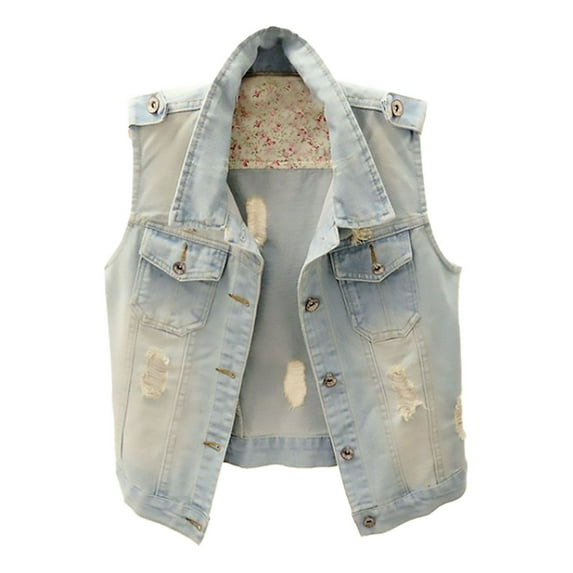 Clearance Women's Denim Jackets Womens Denim Jean Vest Classic Junior Button Up Cropped Distressed Sleeveless Jean Jacket