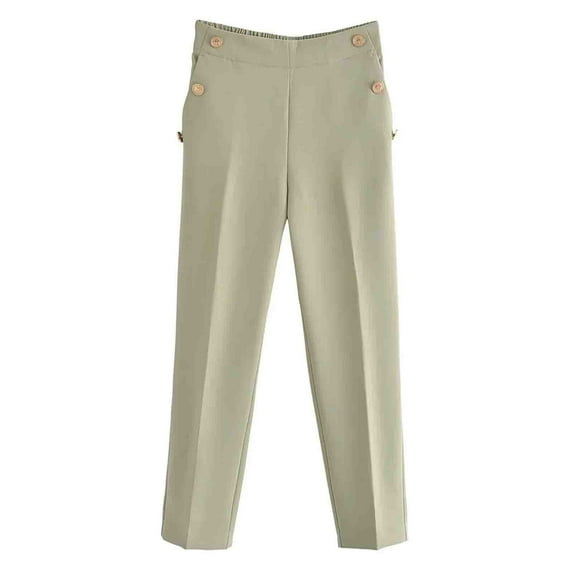 Clearance Women's Dressy Pants Elastic Waist 3 Side Button Straight Leg Solid Color Casual Capris Pants 2025 Trendy