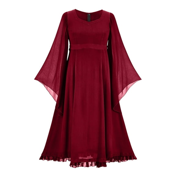 Women's Elegant Long Bell Sleeve V Neck High Waist Ruffle Hem Midi Dresses Solid Color Mesh Sheer Retro Cocktail Dress