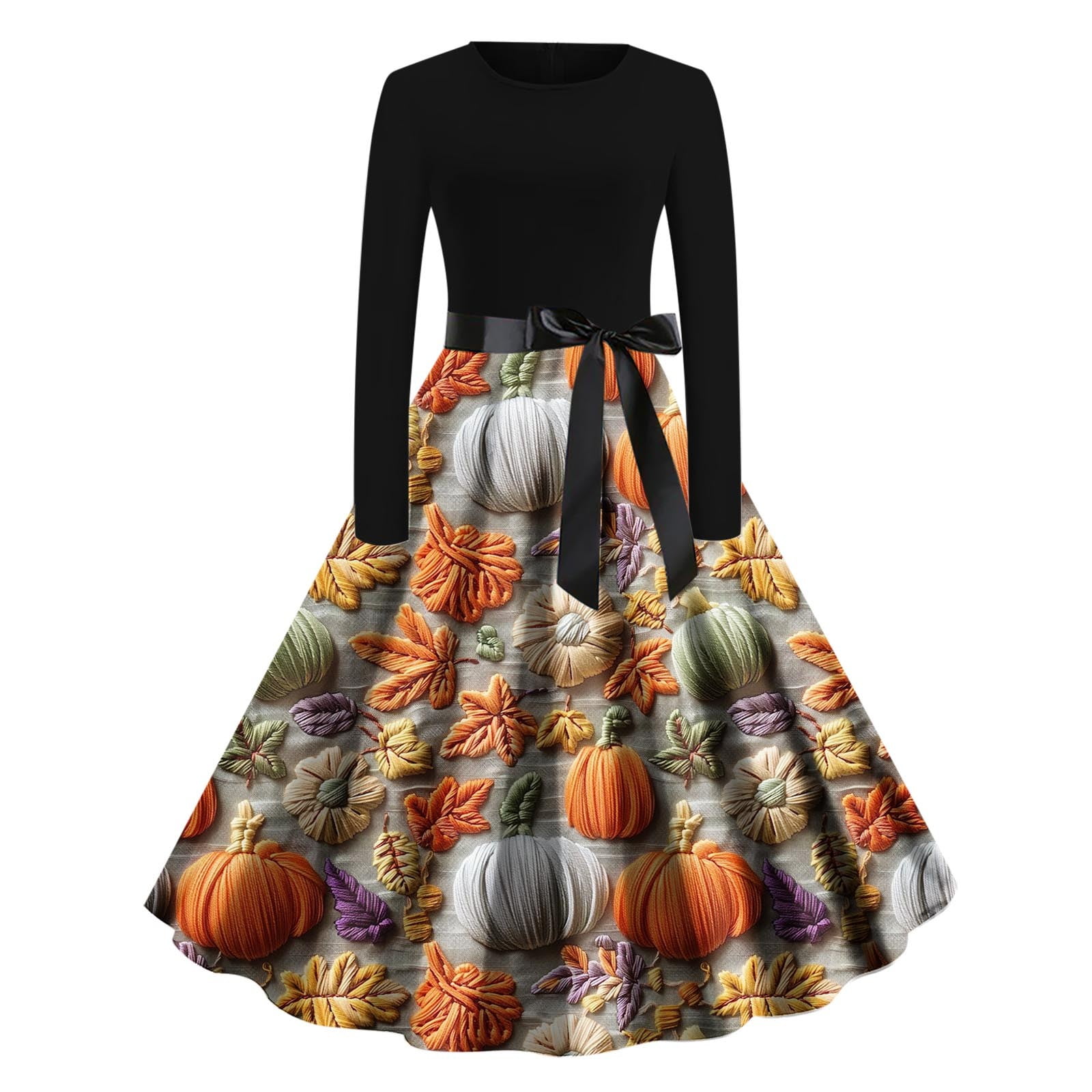Clearance! Women's Halloween Dress Pumpkin Print Long Sleeve Retro A