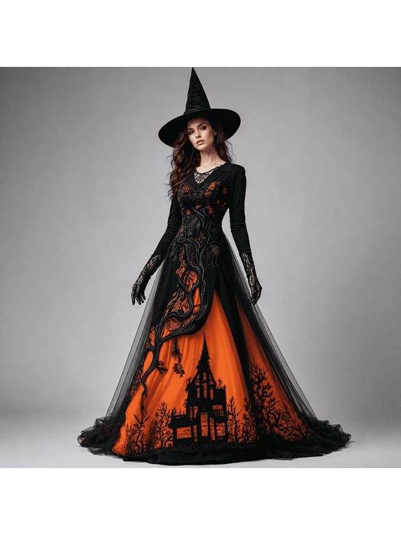 Clearance!Women's Halloween Gothic Dress Tree house Thorn Pattern Lace Chiffon Long Sleeve Round Neck Maxi Dress Party Witch Cosplay Costume Evening Gown for Women,Orange,Lady(S)