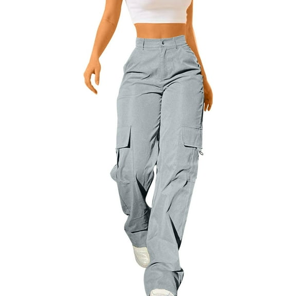 Women's High Waist Cargo Pants Wide Leg Loose Fit Casual Long Trousers with Elastic Waist and Multiple Pockets Comfortable Everyday Wear S Size Silver