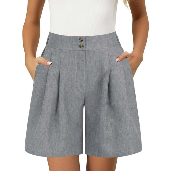 Clearance! Women's High Waist Cotton Linen Bermuda Shorts Wide Leg Casual Lounge Elastic Waist Comfortable Breathable Summer Pleated Business Casual Trouser Shorts Grey S Size