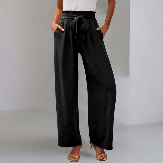 Women's High Waist Wide Leg Dress Pants Lightweight Lounge Office Trousers Comfortable Business Casual Work Pants With Pockets Elastic Waist Black XXXL Size