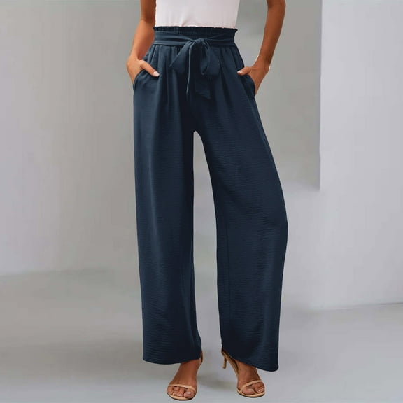 Women's High Waist Wide Leg Dress Pants Lightweight Lounge Office Trousers Comfortable Business Casual Work Pants With Pockets Elastic Waist Blue L Size