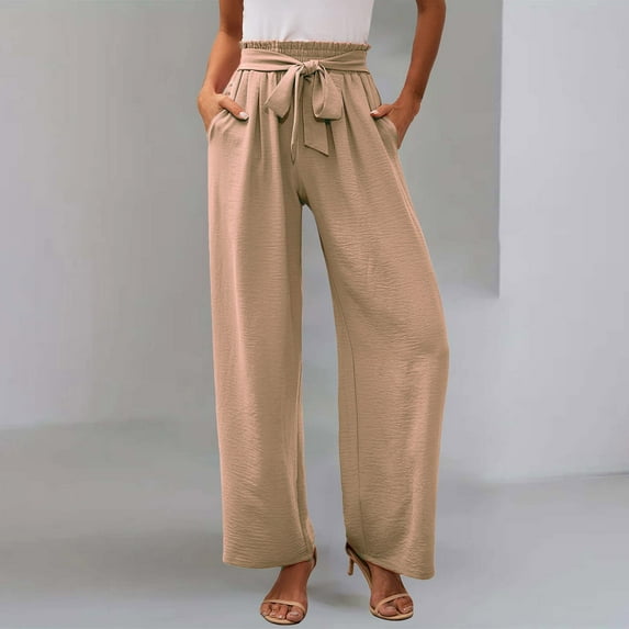 Clearance! Women's High Waist Wide Leg Dress Pants Lightweight Lounge Office Trousers Comfortable Business Casual Work Pants With Pockets Elastic Waist Khaki XL Size