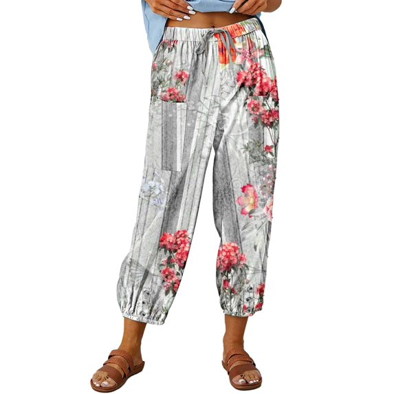 Clearance! Women's High Waisted Capri Pants Summer Cotton Drawstring Loose Casual Cropped Trousers Pockets Silver M Size
