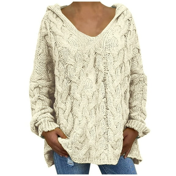 Women's Hooded Knitted Sweater V Neck Cable Crochet Tops Long Sleeve Solid Color Casual Loose Stretchy Comfy Sweater Tops