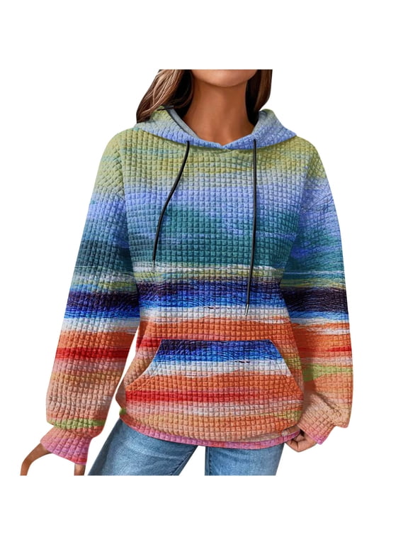 Women's Hoodie Front Pocket Pullover Sweatshirt Printing Long Sleeve Sweatshirts Tops with Kangaroo Pocket Waffle Drawstring Hoody Hooded Sweater Jacket
