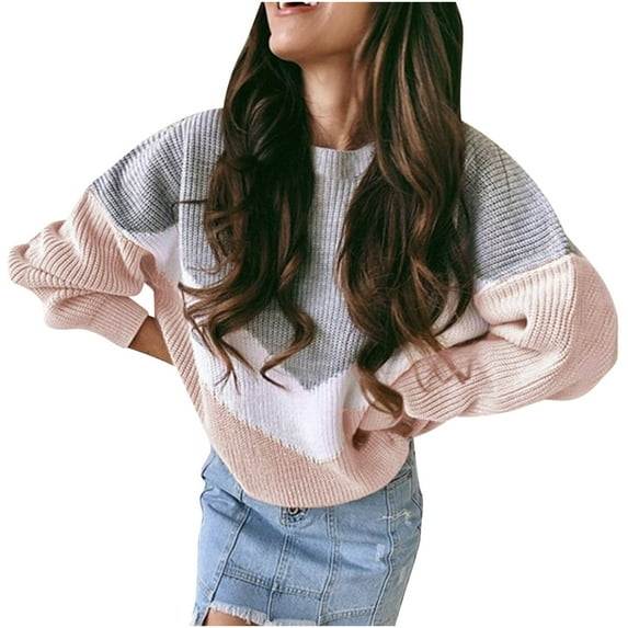 Clearance Women's Knit Sweater Colorblock Print Round Neck Long Sleeve Drop Shoulder Crochet Tops Fall Winter Casual Jumper