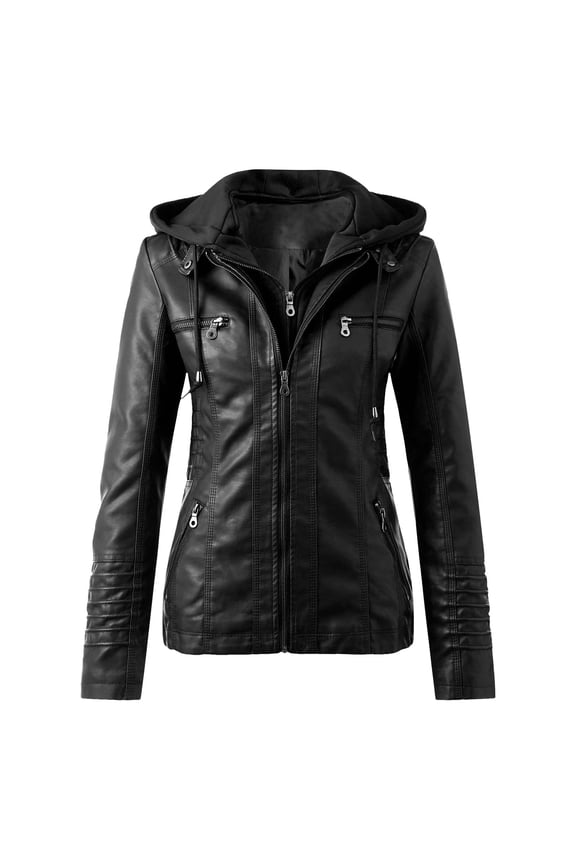 Clearance Women's Leather Jackets Motorcycle Moto Biker Jackets Coat Short Hooded Casual Fashion Leather Jacket