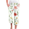 thumbnail image 1 of Clearance Women’s Linen Floral Capris High Waisted Baggy Stretchy Straight Wide Leg Capris Drawstring Elastic Waist Capri Pants Fashion Lightweight Dressy Work Clothes with Pockets, 1 of 5