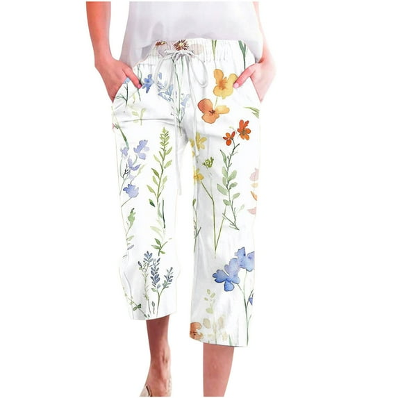 Clearance Women’s Linen Floral Capris High Waisted Baggy Stretchy Straight Wide Leg Capris Drawstring Elastic Waist Capri Pants Fashion Lightweight Dressy Work Clothes with Pockets