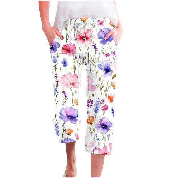 Clearance Women’s Linen Floral Capris High Waisted Baggy Stretchy Straight Wide Leg Capris Drawstring Elastic Waist Capri Pants Fashion Lightweight Dressy Work Clothes with Pockets