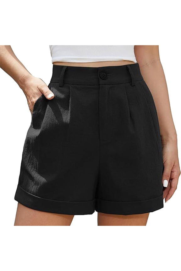 Clearance! Women's Linen Shorts High Waist Wide Leg Summer With Pockets Pleated Wrap Hem Zippered Casual Comfortable Lightweight Beach Shorts Black L Size