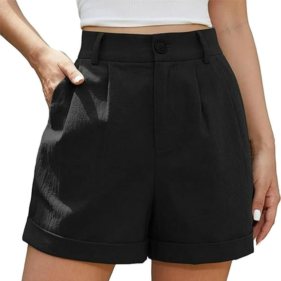 Clearance! Women's Linen Shorts High Waist Wide Leg Summer With Pockets Pleated Wrap Hem Zippered Casual Comfortable Lightweight Beach Shorts Black S Size