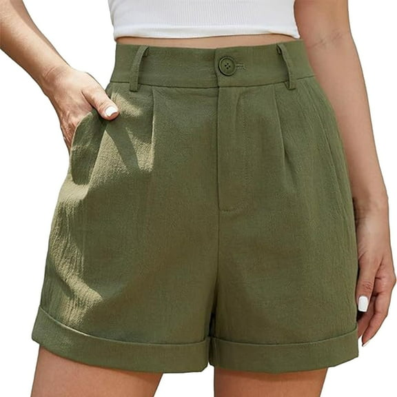 Clearance! Women's Linen Shorts High Waist Wide Leg Summer With Pockets Pleated Wrap Hem Zippered Casual Comfortable Lightweight Beach Shorts Green L Size