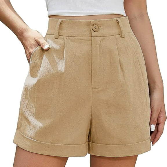 Clearance! Women's Linen Shorts High Waist Wide Leg Summer With Pockets Pleated Wrap Hem Zippered Casual Comfortable Lightweight Beach Shorts Khaki L Size