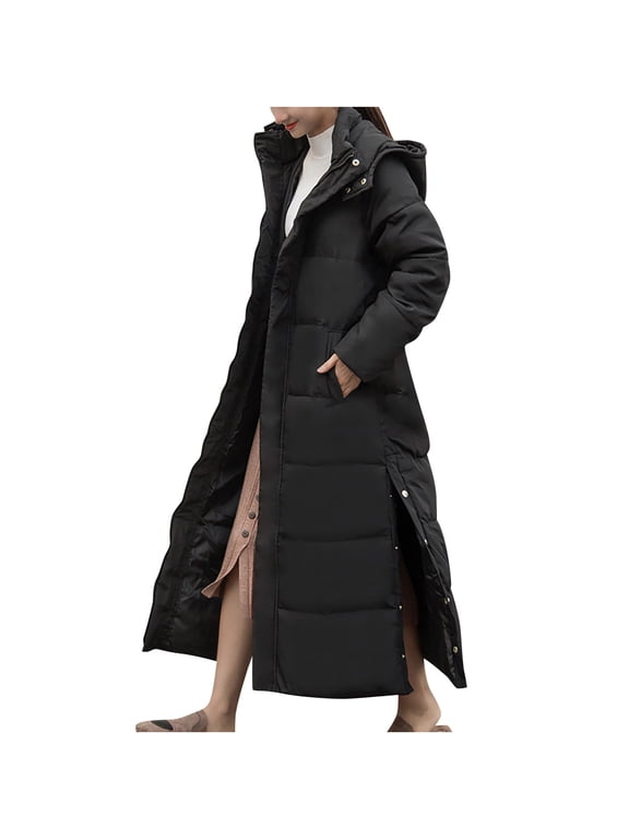 Clearance Women's Long Puffer Jacket Winter Warm Long Coat Zipper Cardigans Hooded Soild Color Casual Coats Outerwear with Pocket