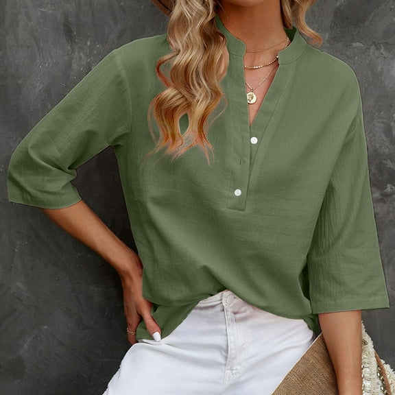 Women's Long Sleeve Tops Collared Loose Button up V-Neck Shirts Cotton and Linen Half Sleeve T-shirt Summer Fall Basic Tunics Blouses Army Green qILAKOG Size XXL