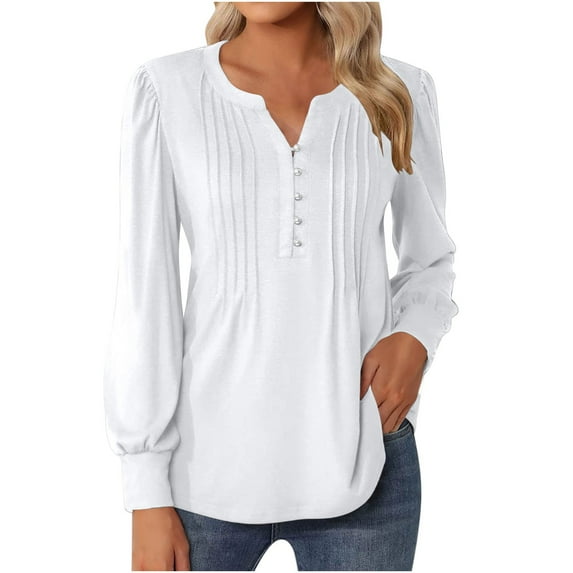 Clearance Women's Long Sleeve V Neck Buttons Tunic Shirts Solid Color Casual Cotton Comfy Soft Blouses Pullover Tops White,XL
