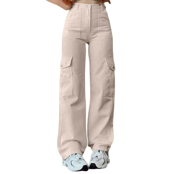 Women's Mid Waist Three Pocket Long Pants Casual Workwear Cargo Trousers Beige L Size