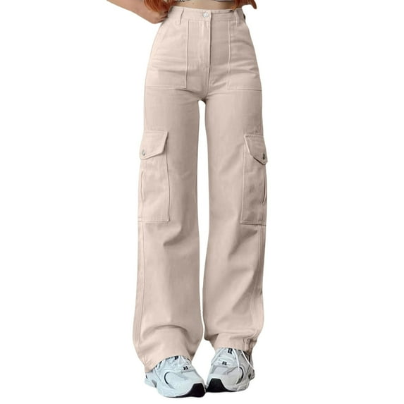 Women's Mid Waist Three Pocket Long Pants Casual Workwear Cargo Trousers Beige L Size