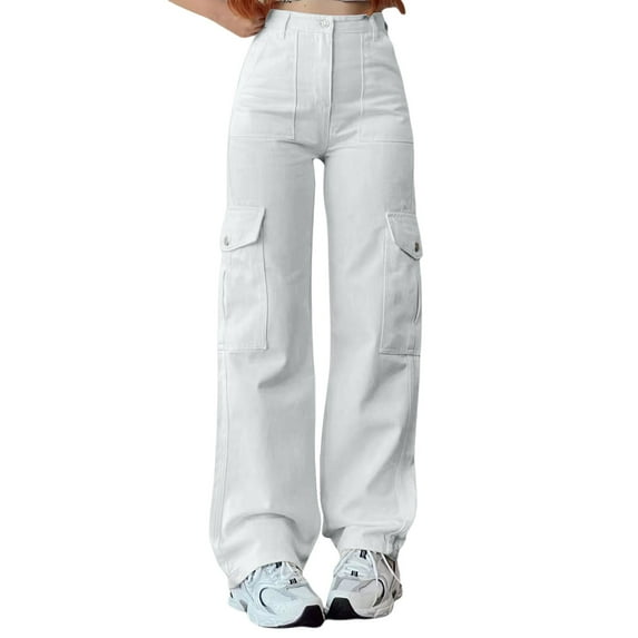 Women's Mid Waist Three Pocket Long Pants Casual Workwear Cargo Trousers White XXL Size