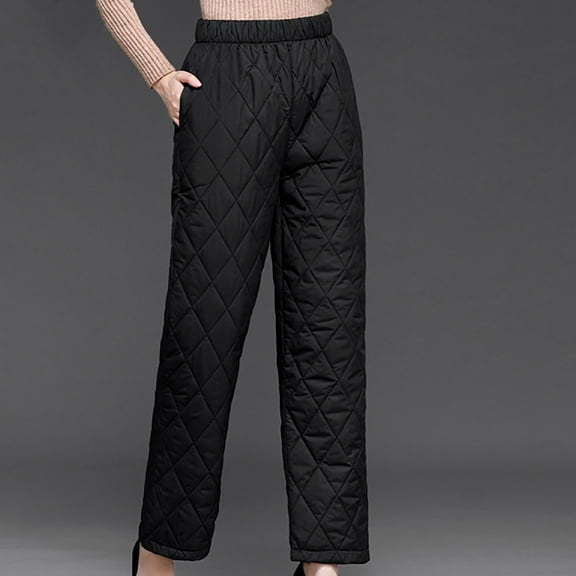 Women's Padded Quilted Down Pants, Elastic High Waisted Trousers Winter Warm Windproof Ski Snow Pants with Pockets