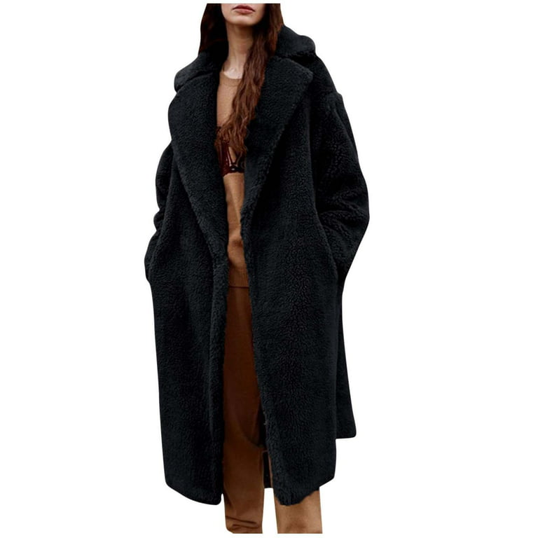 Ecqkame Winter Jackets for Women Teddy Bear Fleece Oversized-Fit Lapel  Jacket Coat Women Plus Size Winter Warm Loose Plush Outerwear Beige L 