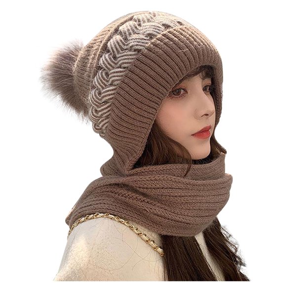 Clearance! Women's Scarves Knitting Thickening Hooded Scarf Winter Warm Christmas Gifts for Women Neck Warm Woolen Hooded Scarf Hat+Scarf