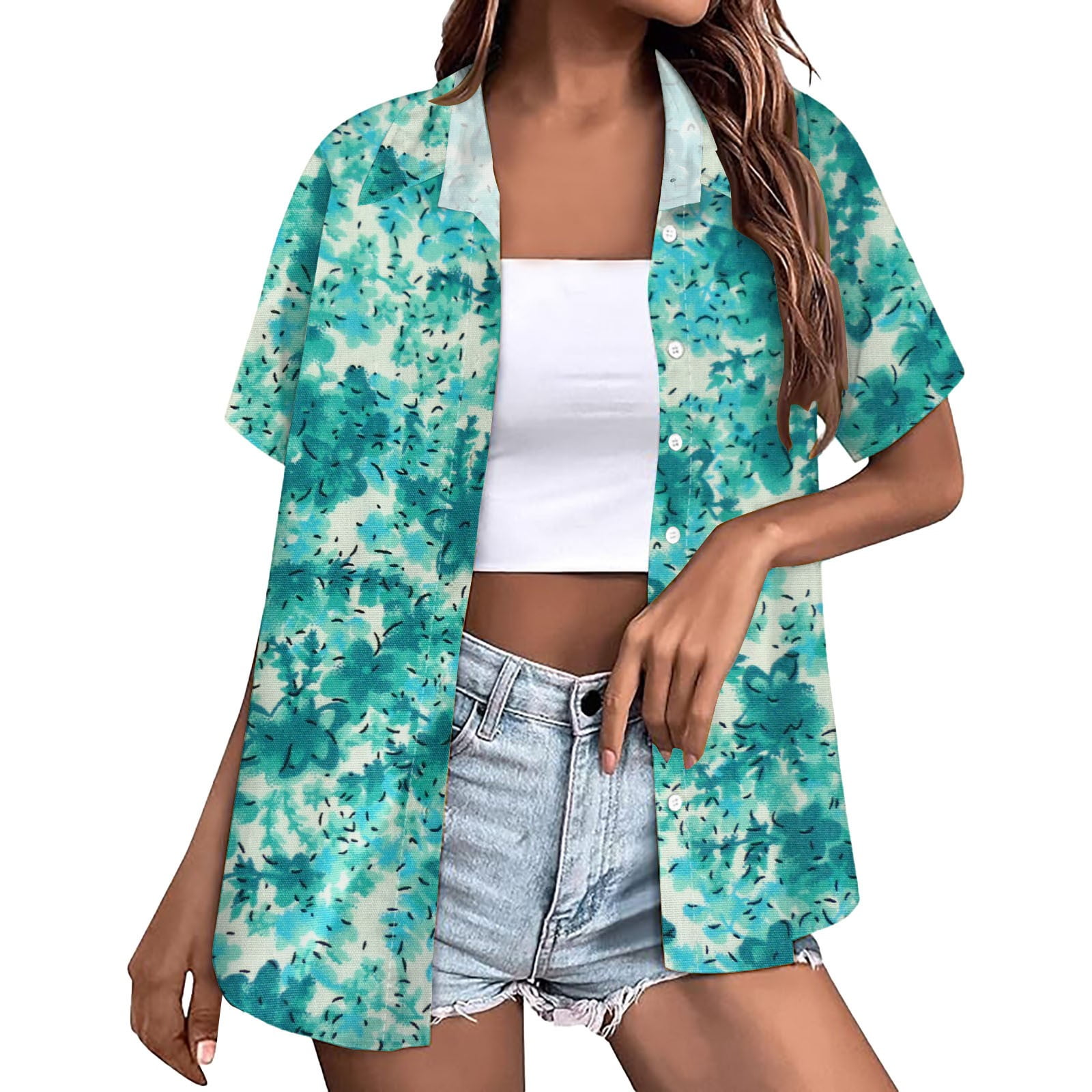 Clearance! Women's Shirt Soft Cool Summer Shirt Floral Tropical Print V Neck T Shirt Short