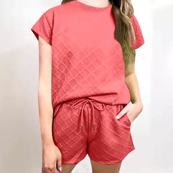 Women's Short Sleeve Tops Women's two-piece shorts short-sleeved tops casual set of shorts summer sportswear suit sportswear suit Ndbuld Orange 2XL