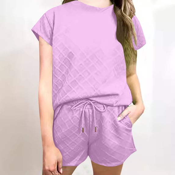 Women's Short Sleeve Tops Women's two-piece shorts short-sleeved tops casual set of shorts summer sportswear suit sportswear suit Ndbuld Purple S