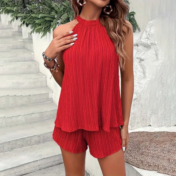 on Clearance Women's Short Sleeve Tops Women's two-piece shorts short-sleeved tops casual set of shorts summer sportswear suit sportswear suit Ndbuld Red L