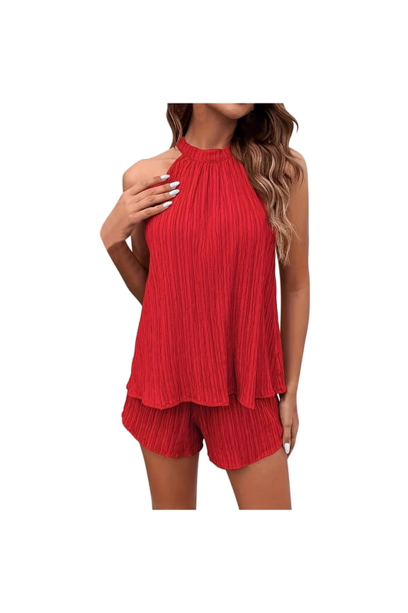 on Clearance Women's Short Sleeve Tops Women's two-piece shorts short-sleeved tops casual set of shorts summer sportswear suit sportswear suit Ndbuld Red M