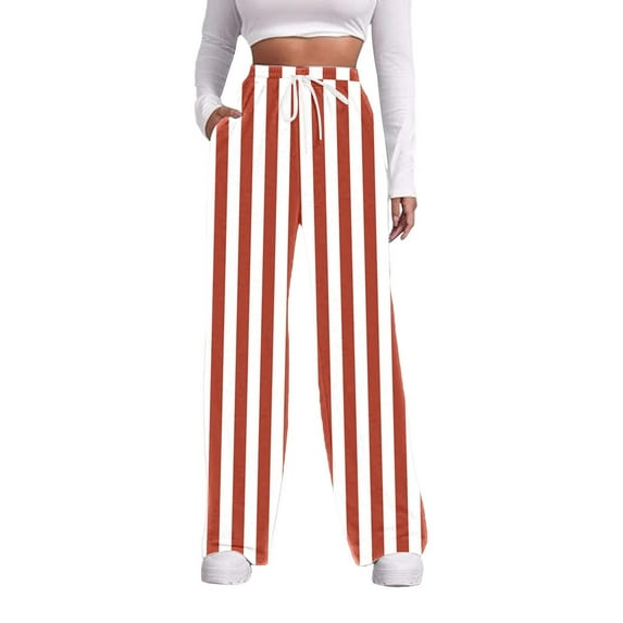 Clearance! Women's Striped Sweatpants With Pockets Drawstring Elastic Waist Baggy Casual Trousers Red L Size