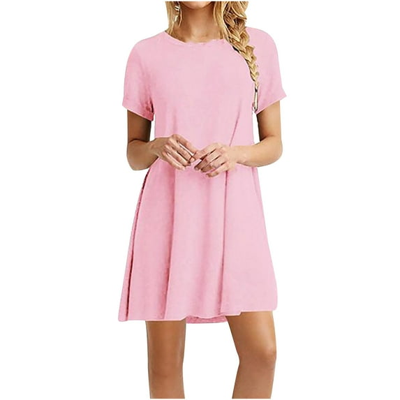 Women's Summer Dresses Solid Color Casual Comfy Swing Outfits Short Sleeve Dress Round Neck Cruise Dresses 2025