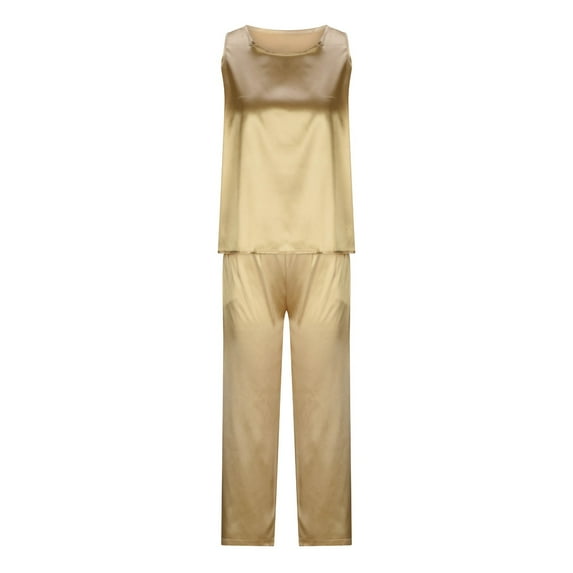 Women's Summer Sleeveless Top And Wide Leg Pants Set Solid Color Casual Outfit With Pockets Gold XL Size