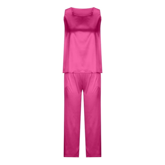 Women's Summer Sleeveless Top And Wide Leg Pants Set Solid Color Casual Outfit With Pockets Hot Pink XL Size