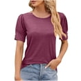 thumbnail image 1 of Women's Summer Tops qolati Casual Puffy Short Sleeve T-Shirts 2024 Trendy Crew Neck Solid Color Tunic Tops for Leggings, 1 of 3