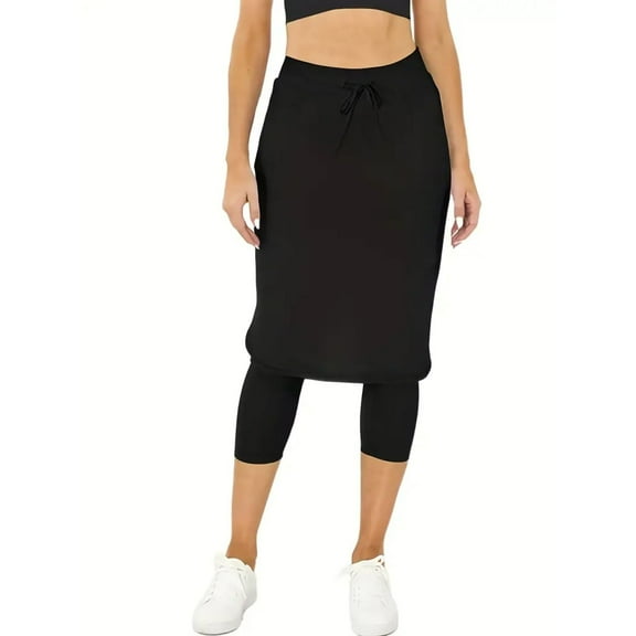 Women's Yoga Capri Leggings with Skirt Two Piece Set Quick Drying Anti Glare Fitness Outfit Straight Leg Sports Pants Drawstring Waist Tennis Workout Wear M Size Black