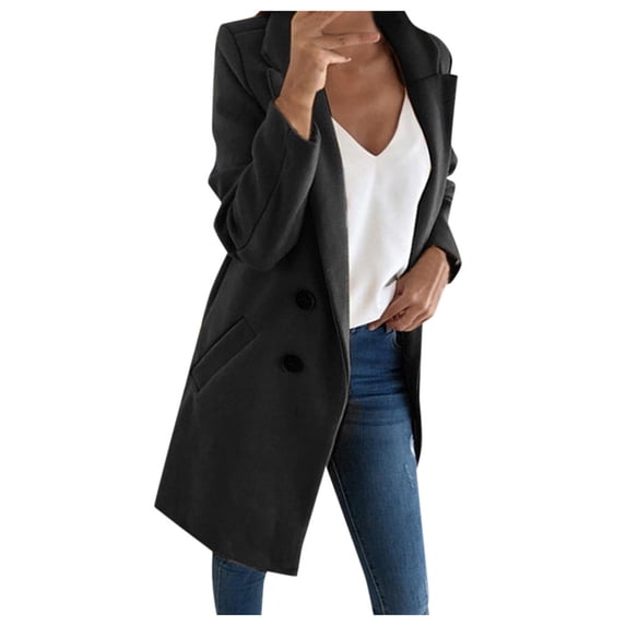 Clearance Womens Basic Essential Double Breasted Mid-Long Wool Blend Pea Coat Fall Winter Elegant Overcoat