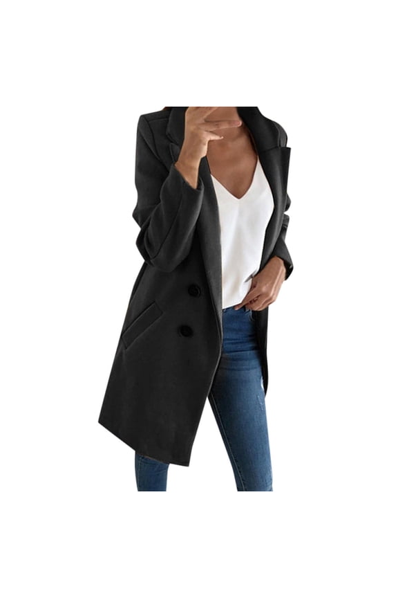 Clearance Womens Basic Essential Double Breasted Mid-Long Wool Blend Pea Coat Fall Winter Elegant Overcoat