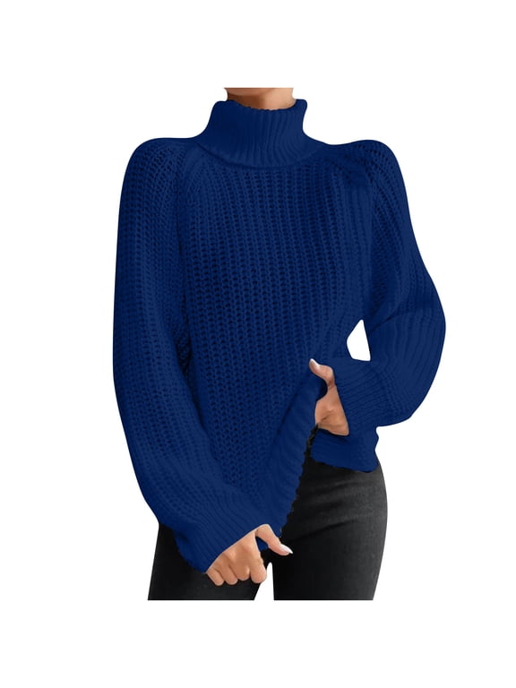 Womens Cable Knit Turtleneck Sweaters Loose Comfy Casual Winter High Neck Tunic Tops Solid Color Knitwear S-3XL (XL, Dark Blue)